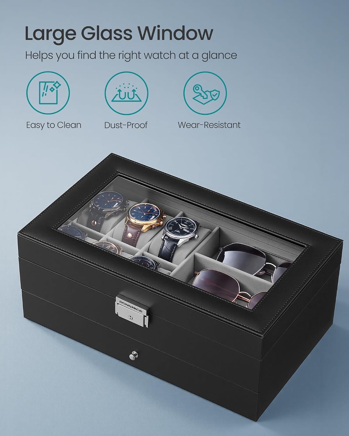 image:imageSONGMICS Watch Box for Men 2Tier Case with 6 Slots and Glass LidGray