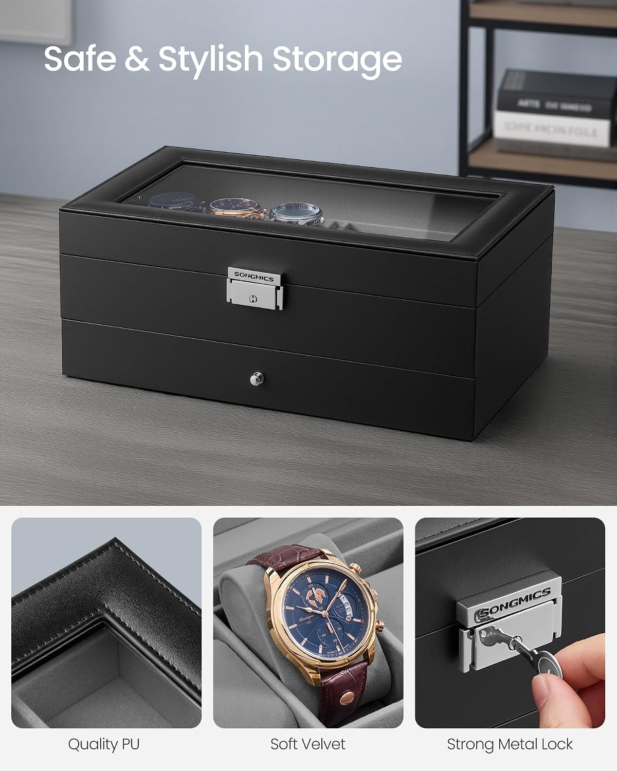 image:imageSONGMICS Watch Box for Men 2Tier Case with 6 Slots and Glass LidGray