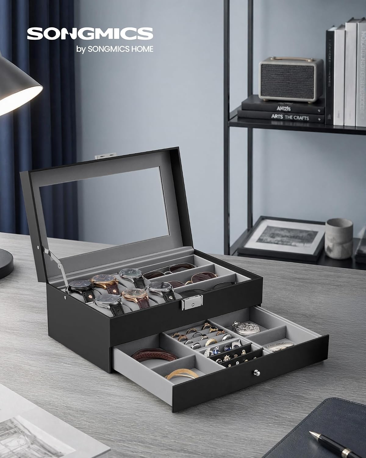 image:imageSONGMICS Watch Box for Men 2Tier Case with 6 Slots and Glass LidGray