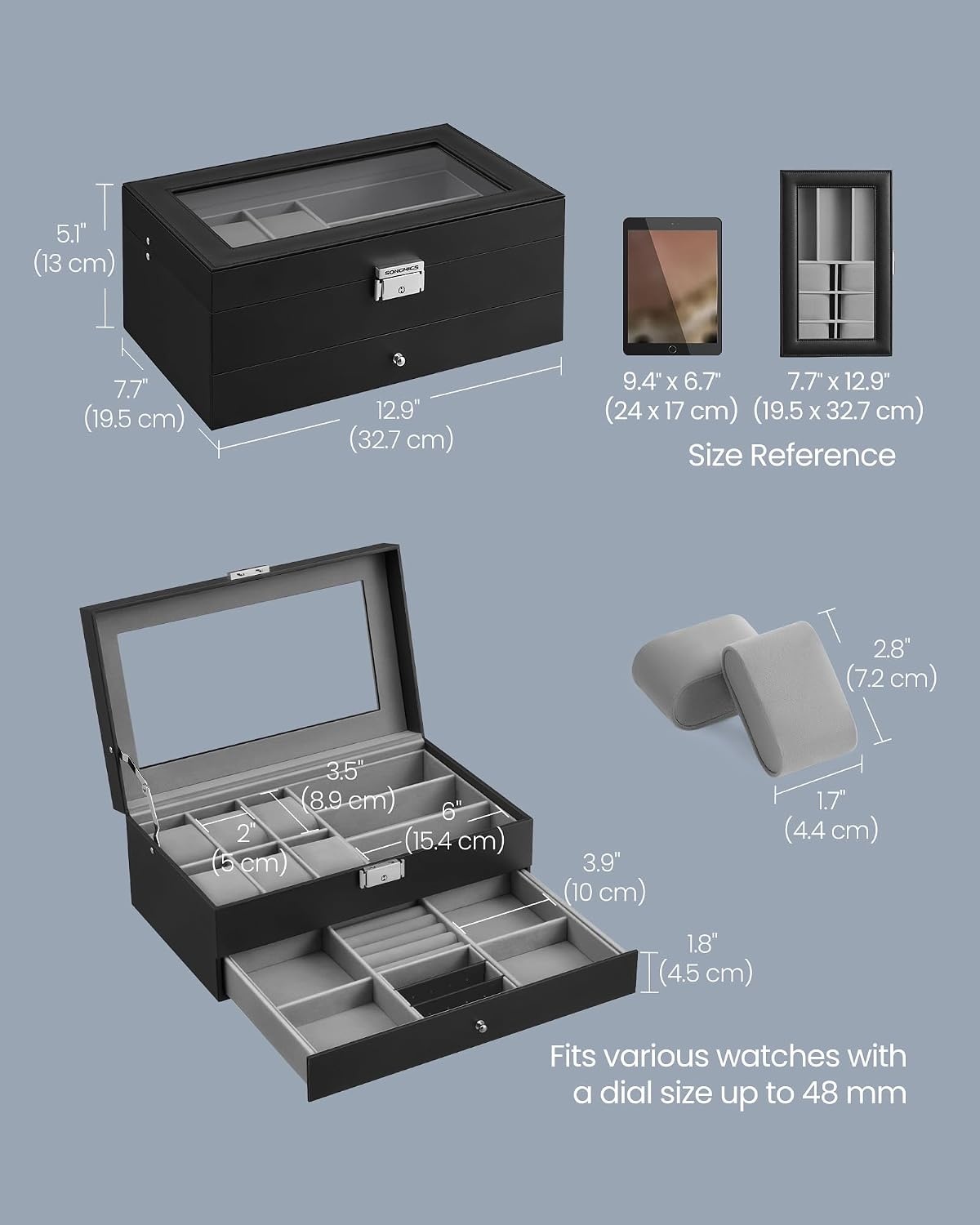 image:imageSONGMICS Watch Box for Men 2Tier Case with 6 Slots and Glass LidGray