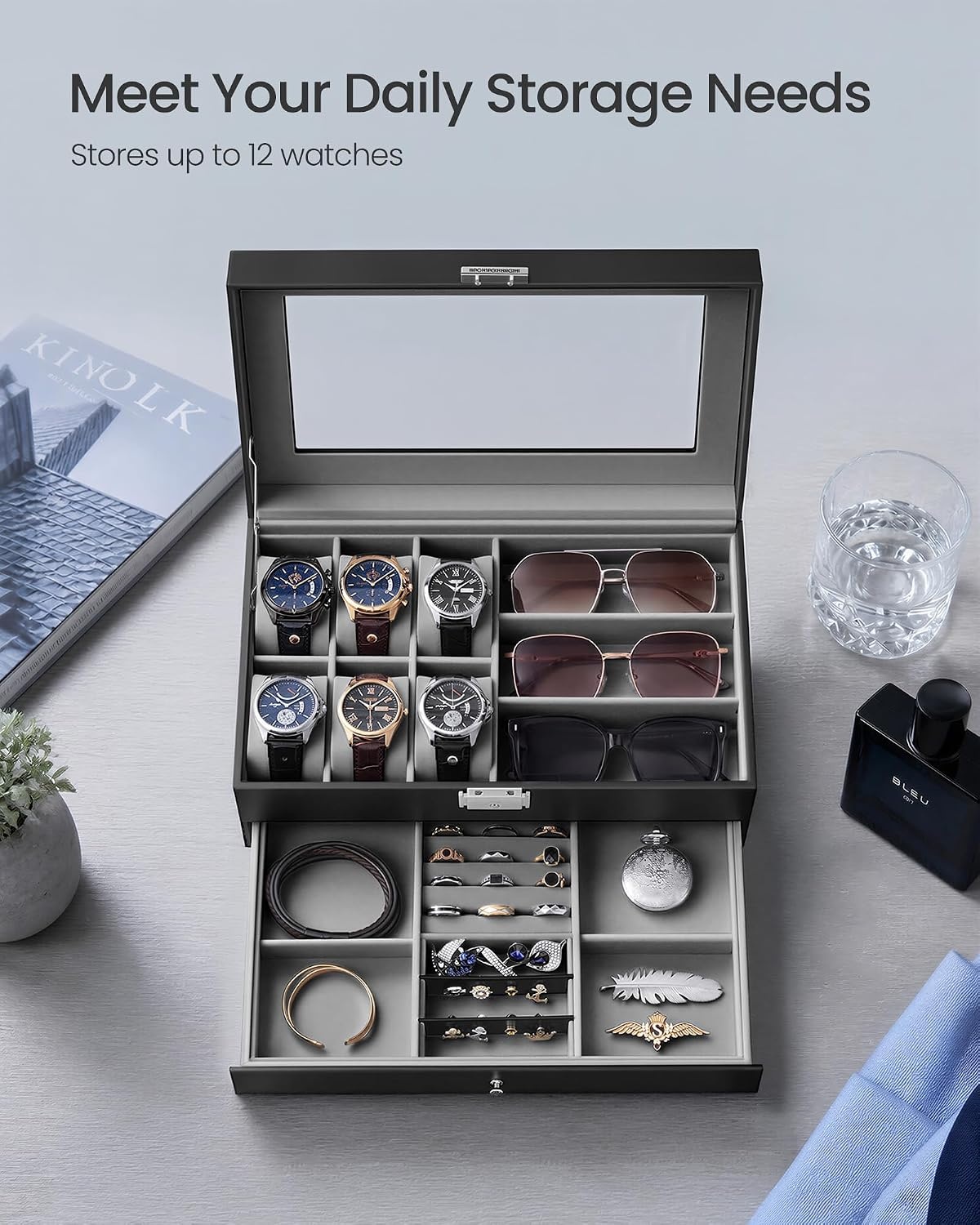 image:imageSONGMICS Watch Box for Men 2Tier Case with 6 Slots and Glass LidGray