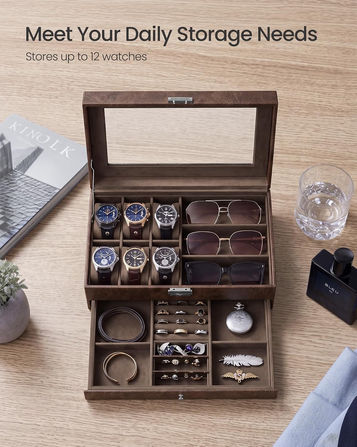 image:imageSONGMICS Watch Box for Men 2Tier Case with 6 Slots and Glass LidTan
