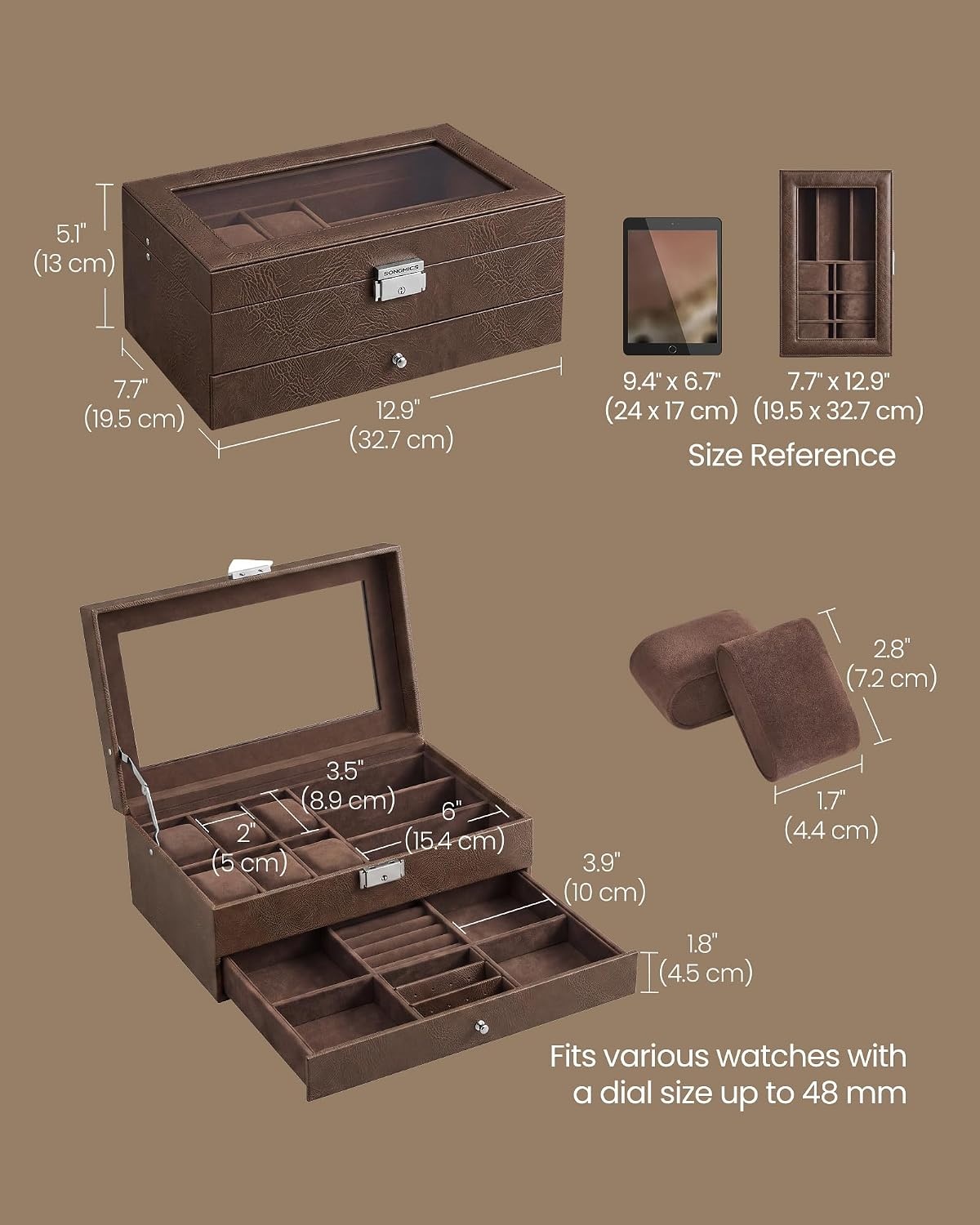 image:imageSONGMICS Watch Box for Men 2Tier Case with 6 Slots and Glass LidTan