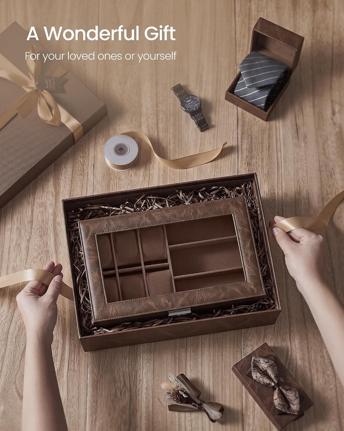 image:imageSONGMICS Watch Box for Men 2Tier Case with 6 Slots and Glass LidTan