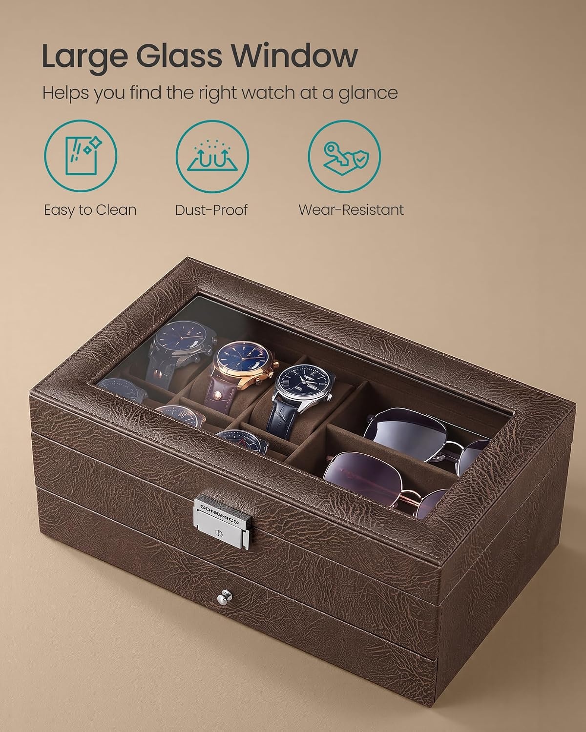 image:imageSONGMICS Watch Box for Men 2Tier Case with 6 Slots and Glass LidTan