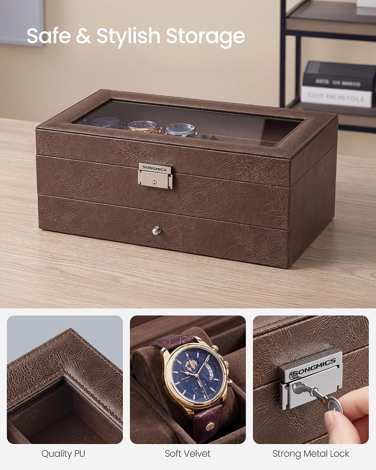 image:imageSONGMICS Watch Box for Men 2Tier Case with 6 Slots and Glass LidTan