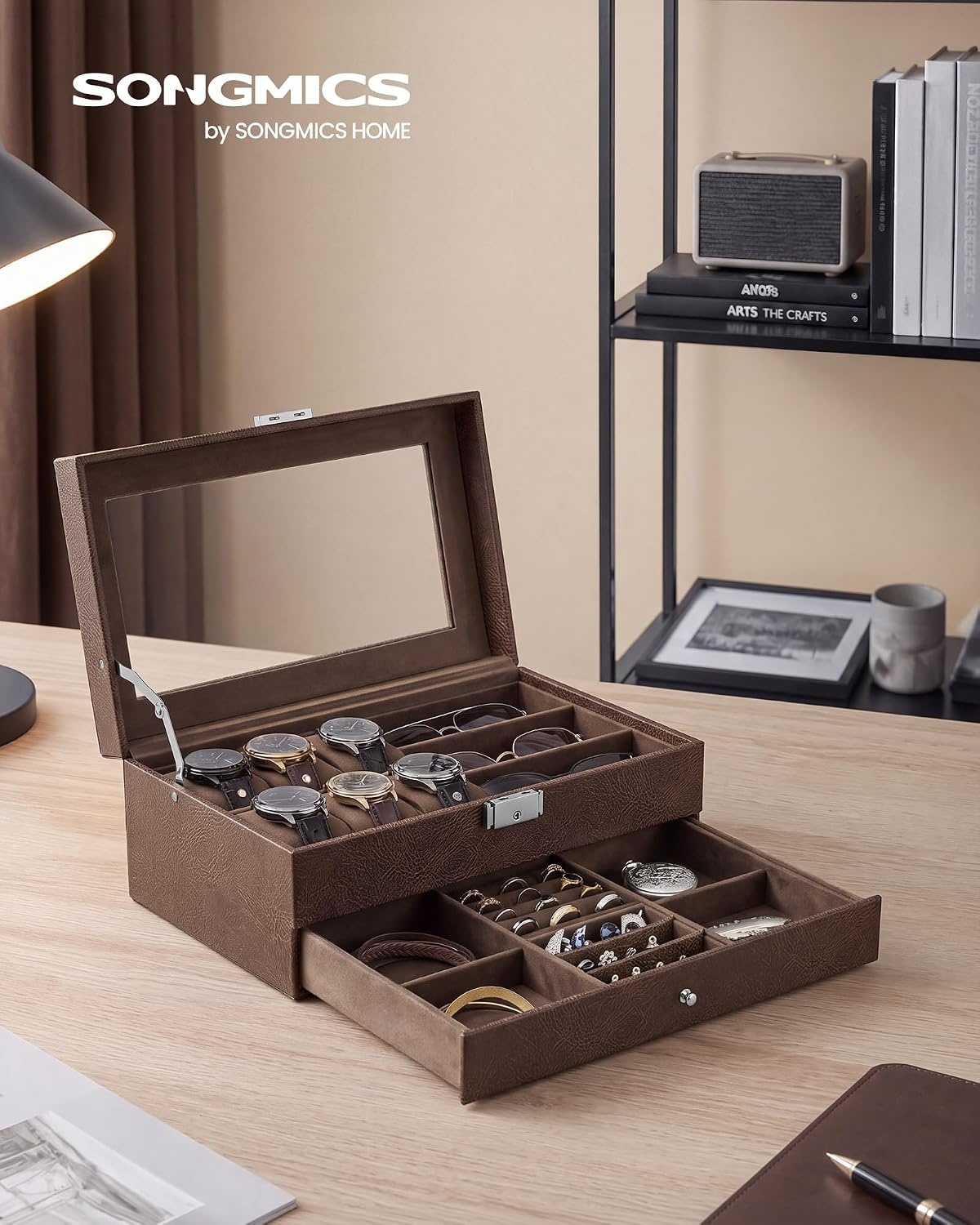 image:imageSONGMICS Watch Box for Men 2Tier Case with 6 Slots and Glass LidTan