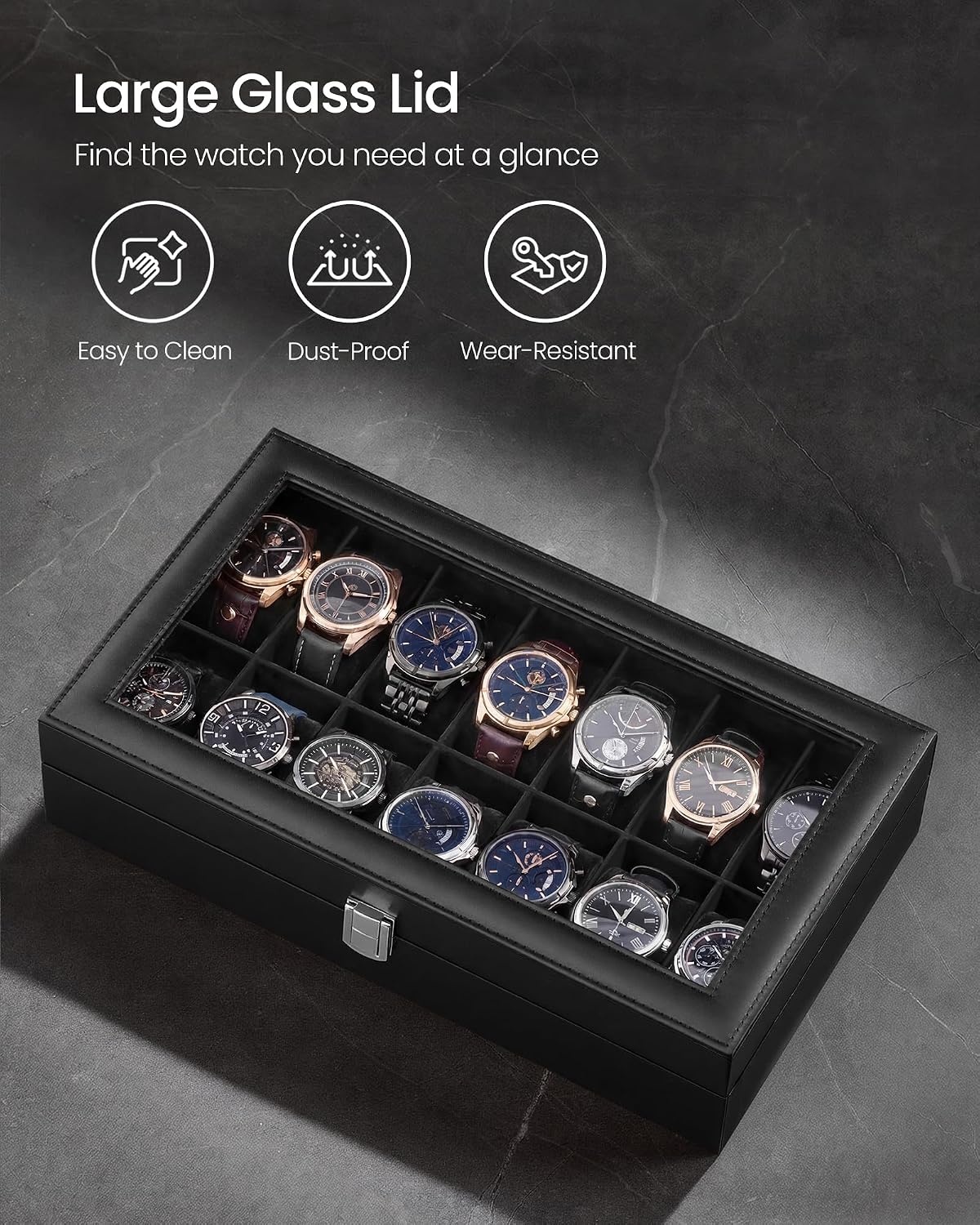 image:imageSONGMICS Watch Box for Men 3Slot Watch Case with Large Glass LidBlack Black