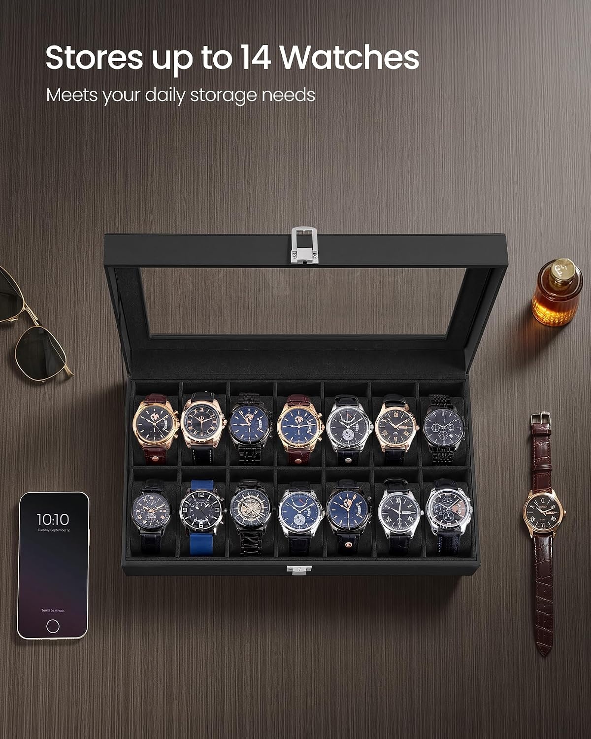 image:imageSONGMICS Watch Box for Men 3Slot Watch Case with Large Glass LidBlack Black