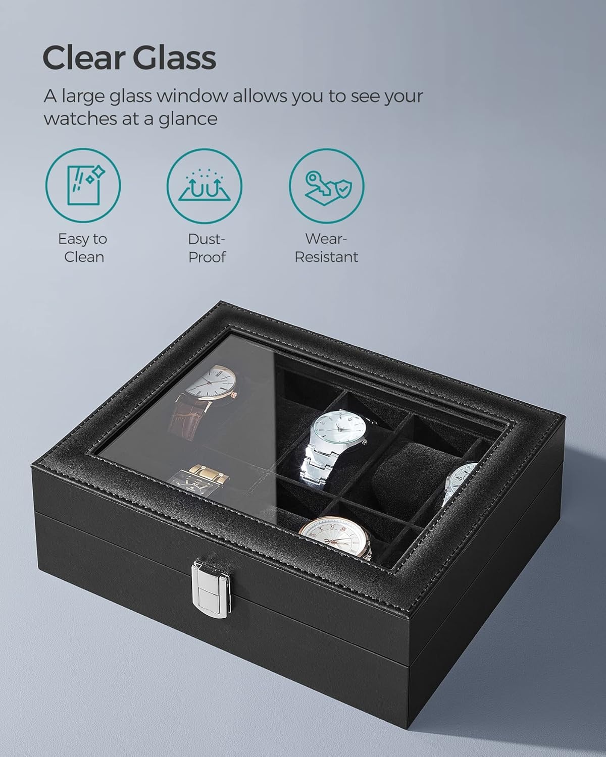 image:imageSONGMICS Watch Box for Men 3Slot Watch Case with Large Glass LidBlack Black