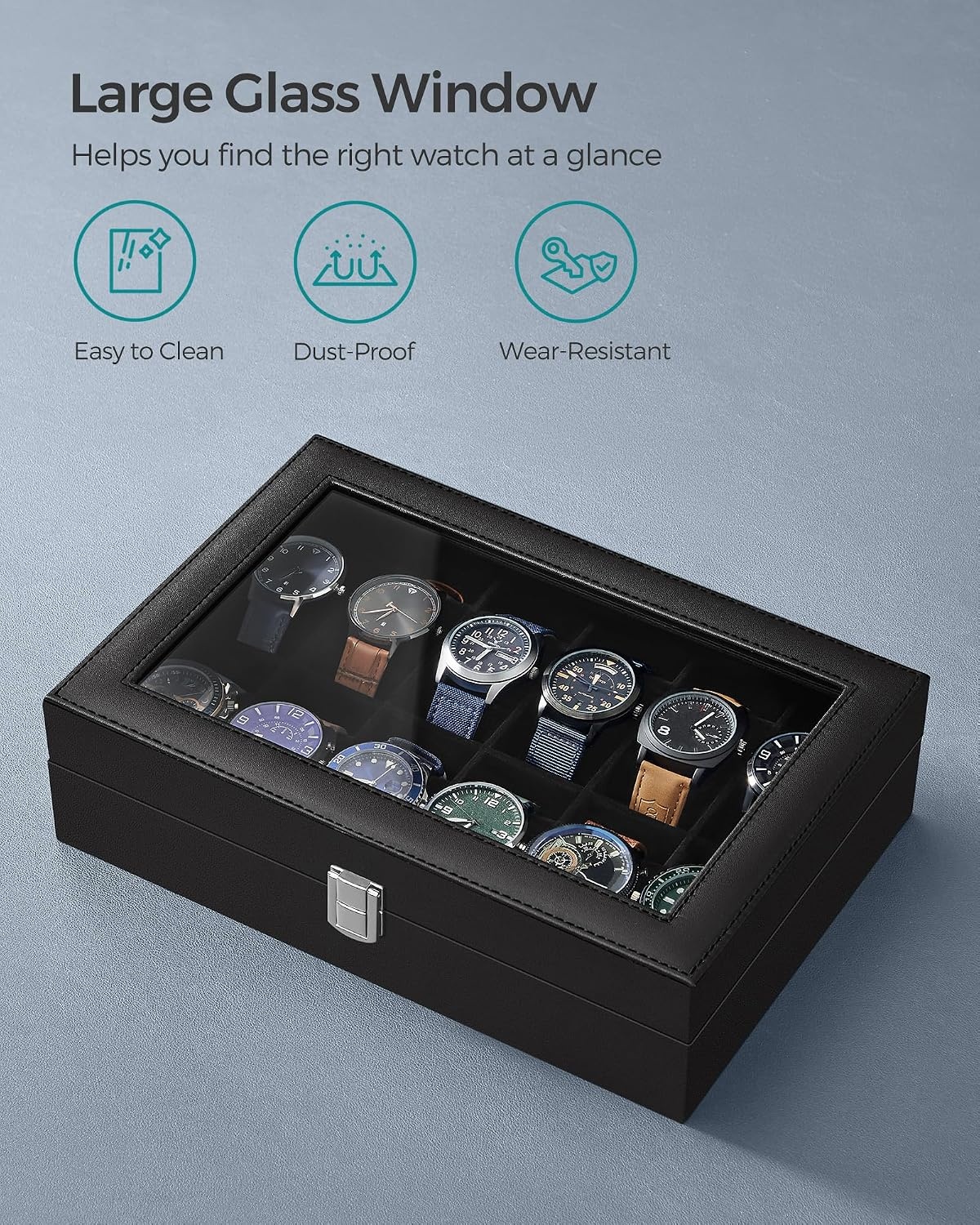 image:imageSONGMICS Watch Box for Men 3Slot Watch Case with Large Glass LidBlack Black