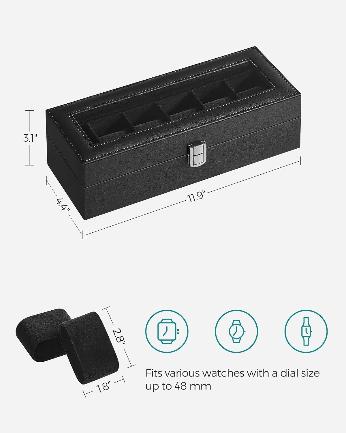 image:imageSONGMICS Watch Box for Men 3Slot Watch Case with Large Glass LidBlack Black
