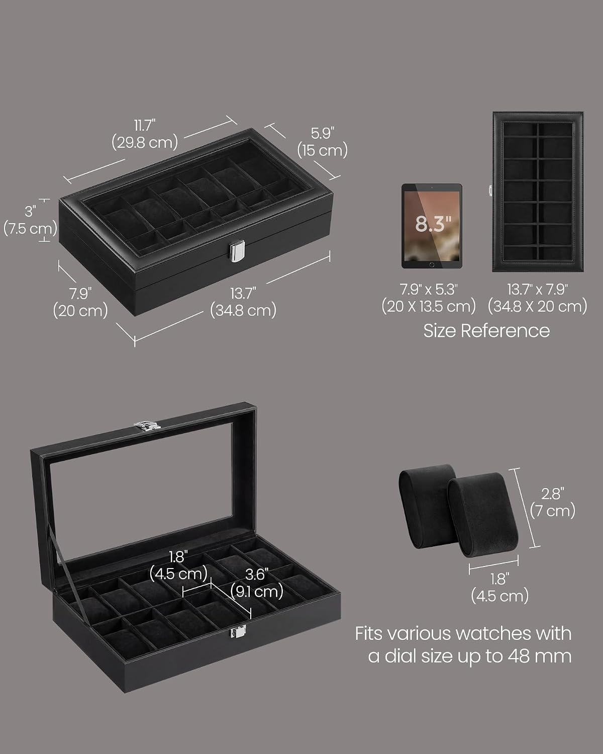 image:imageSONGMICS Watch Box for Men 3Slot Watch Case with Large Glass LidBlack Black