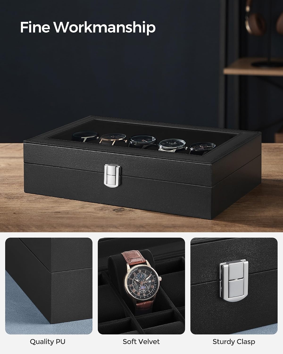 image:imageSONGMICS Watch Box for Men 3Slot Watch Case with Large Glass LidBlack Black