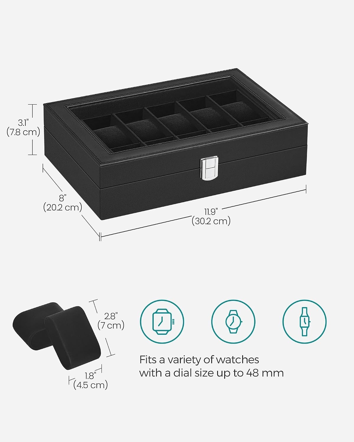 image:imageSONGMICS Watch Box for Men 3Slot Watch Case with Large Glass LidBlack Black