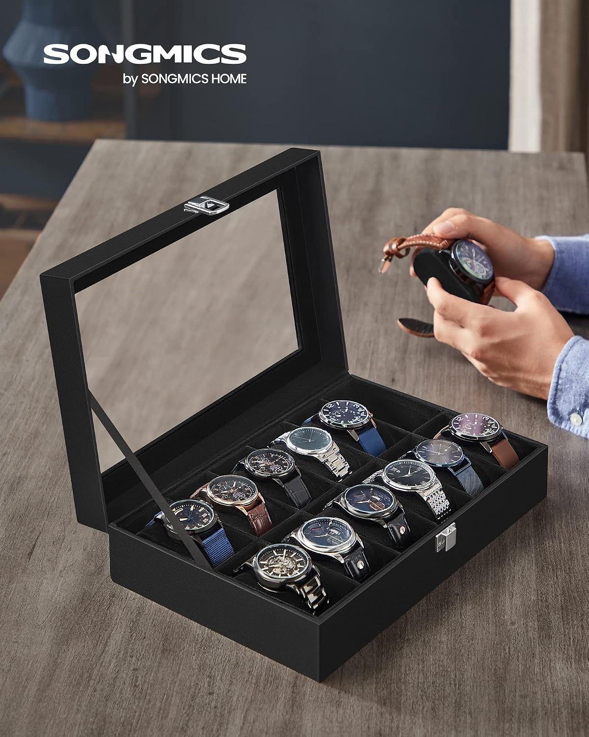image:imageSONGMICS Watch Box for Men 3Slot Watch Case with Large Glass LidBlack Black