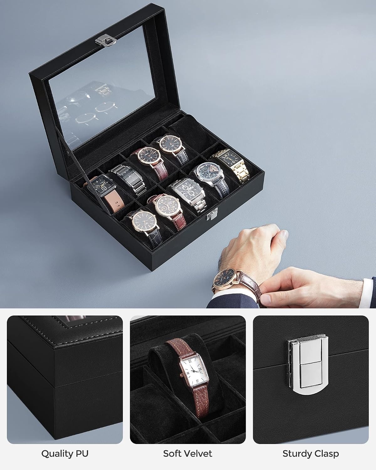 image:imageSONGMICS Watch Box for Men 3Slot Watch Case with Large Glass LidBlack Black