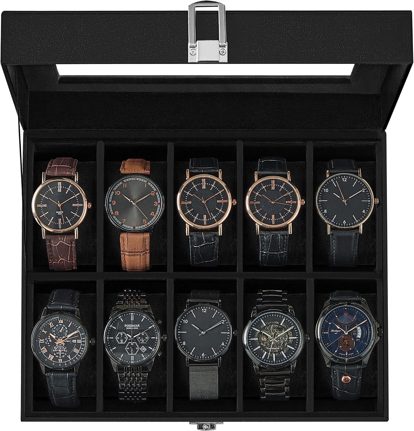 image:imageSONGMICS Watch Box for Men 3Slot Watch Case with Large Glass LidBlack Black