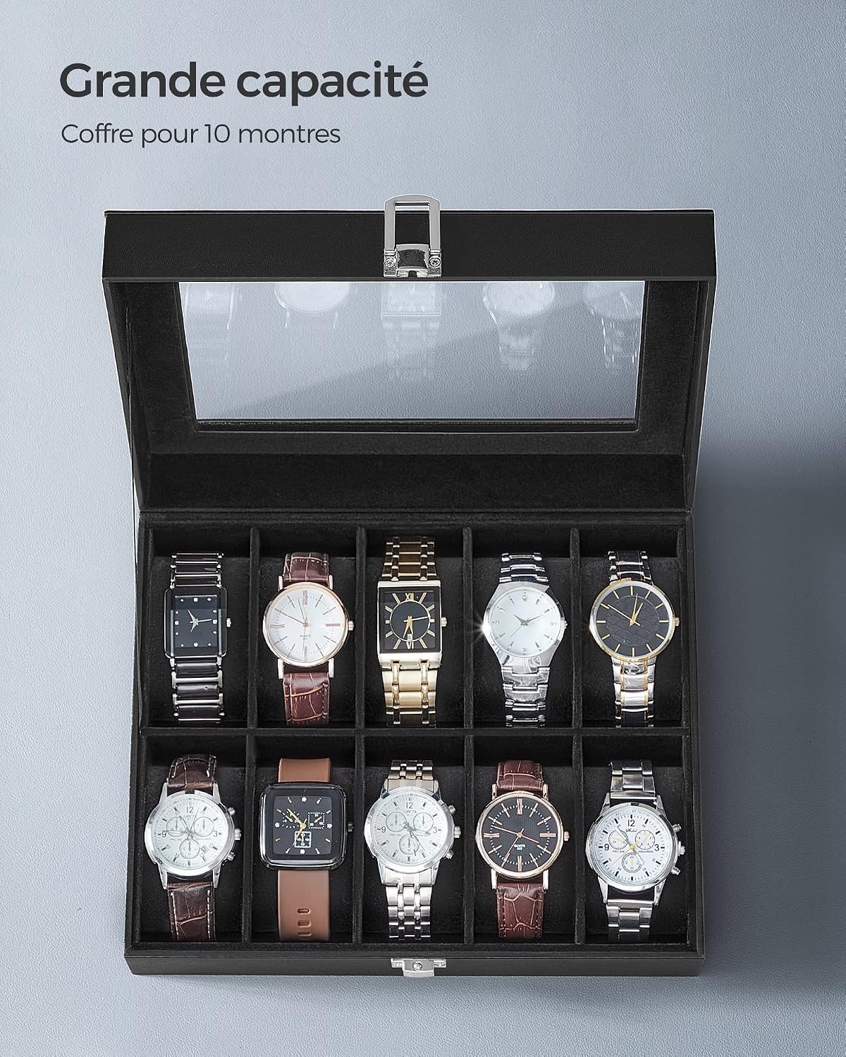 image:imageSONGMICS Watch Box for Men 3Slot Watch Case with Large Glass LidBlack Black