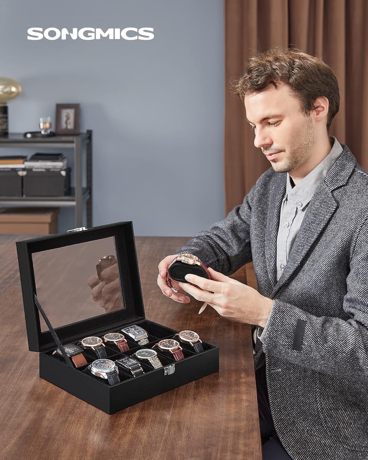 image:imageSONGMICS Watch Box for Men 3Slot Watch Case with Large Glass LidBlack Black