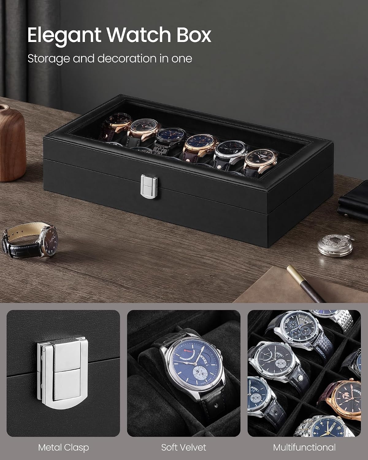 image:imageSONGMICS Watch Box for Men 3Slot Watch Case with Large Glass LidBlack Black
