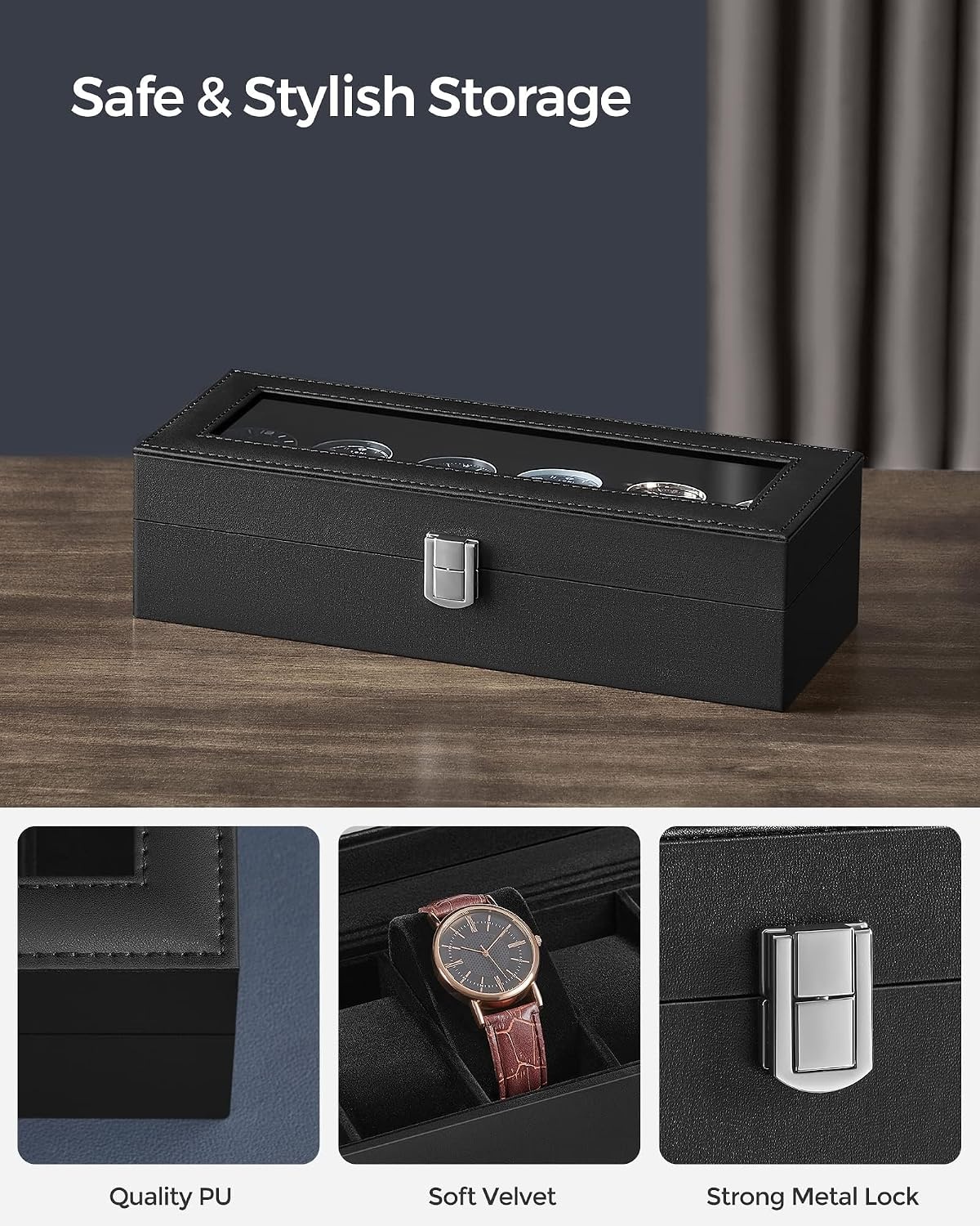 image:imageSONGMICS Watch Box for Men 3Slot Watch Case with Large Glass LidBlack Black