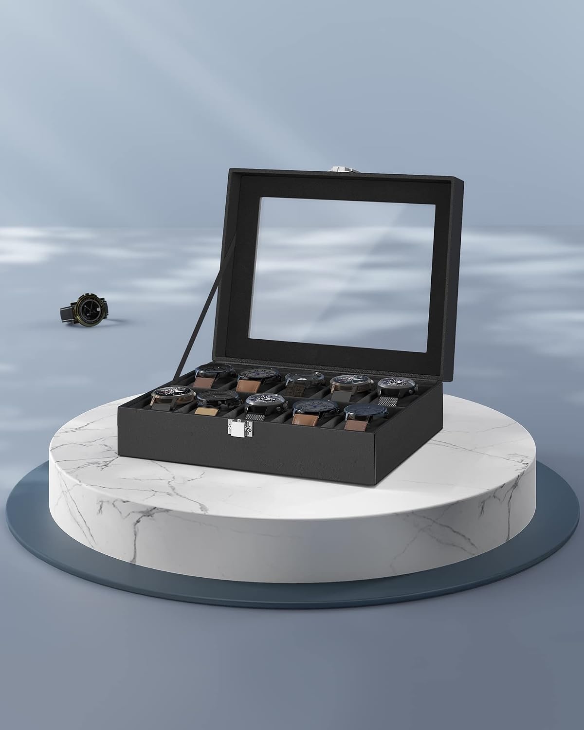 image:imageSONGMICS Watch Box for Men 3Slot Watch Case with Large Glass LidBlack Black