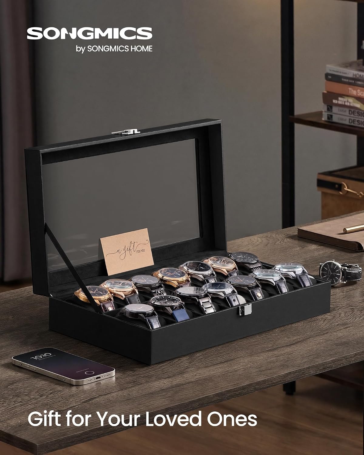 image:imageSONGMICS Watch Box for Men 3Slot Watch Case with Large Glass LidBlack Black