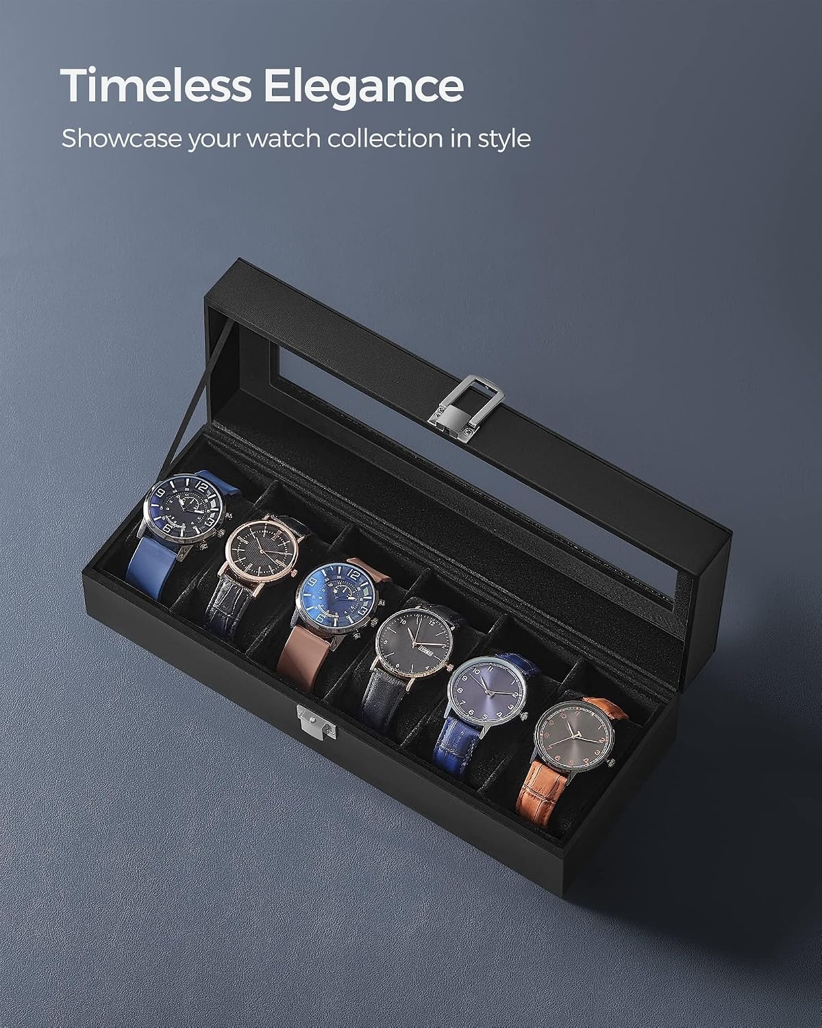 image:imageSONGMICS Watch Box for Men 3Slot Watch Case with Large Glass LidBlack Black
