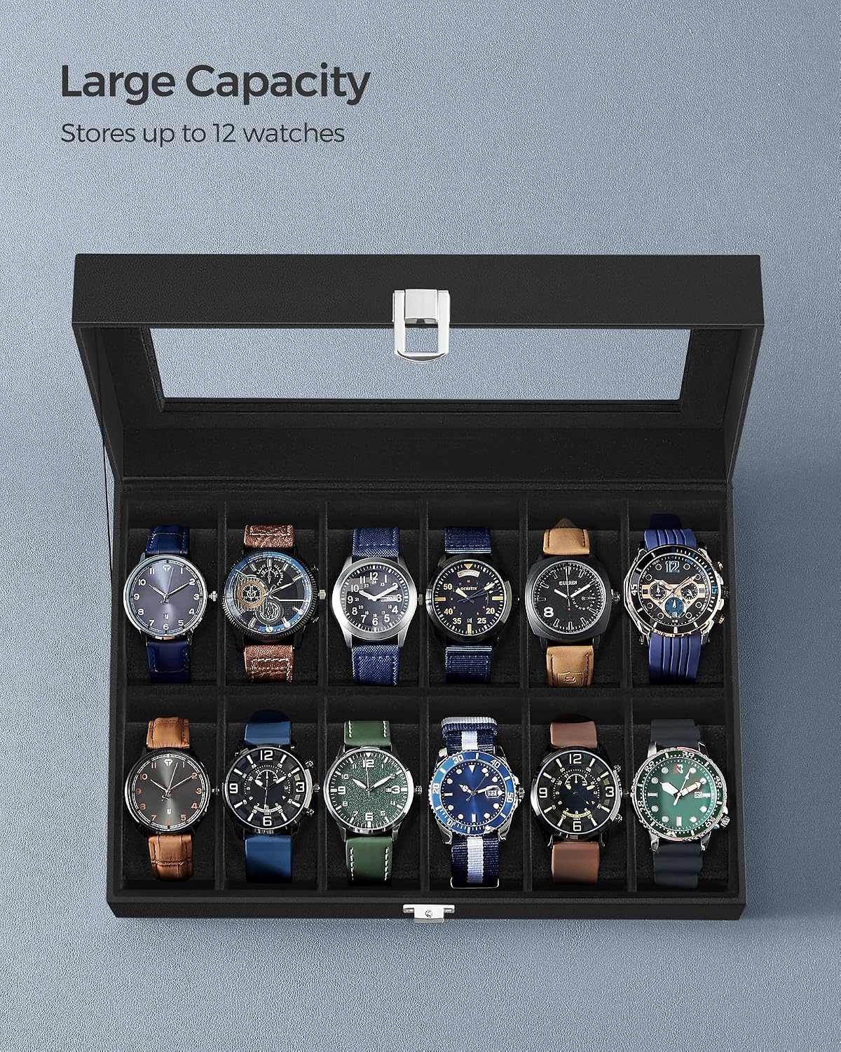 image:imageSONGMICS Watch Box for Men 3Slot Watch Case with Large Glass LidBlack Black