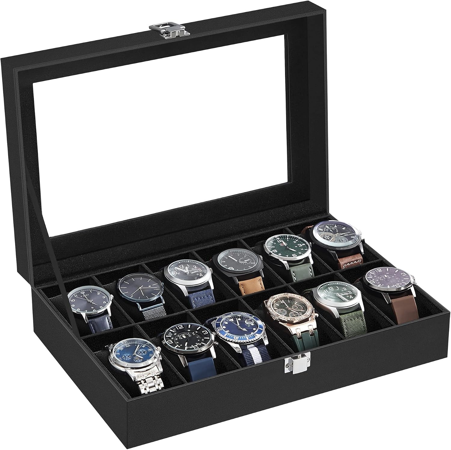 image:imageSONGMICS Watch Box for Men 3Slot Watch Case with Large Glass LidBlack Black