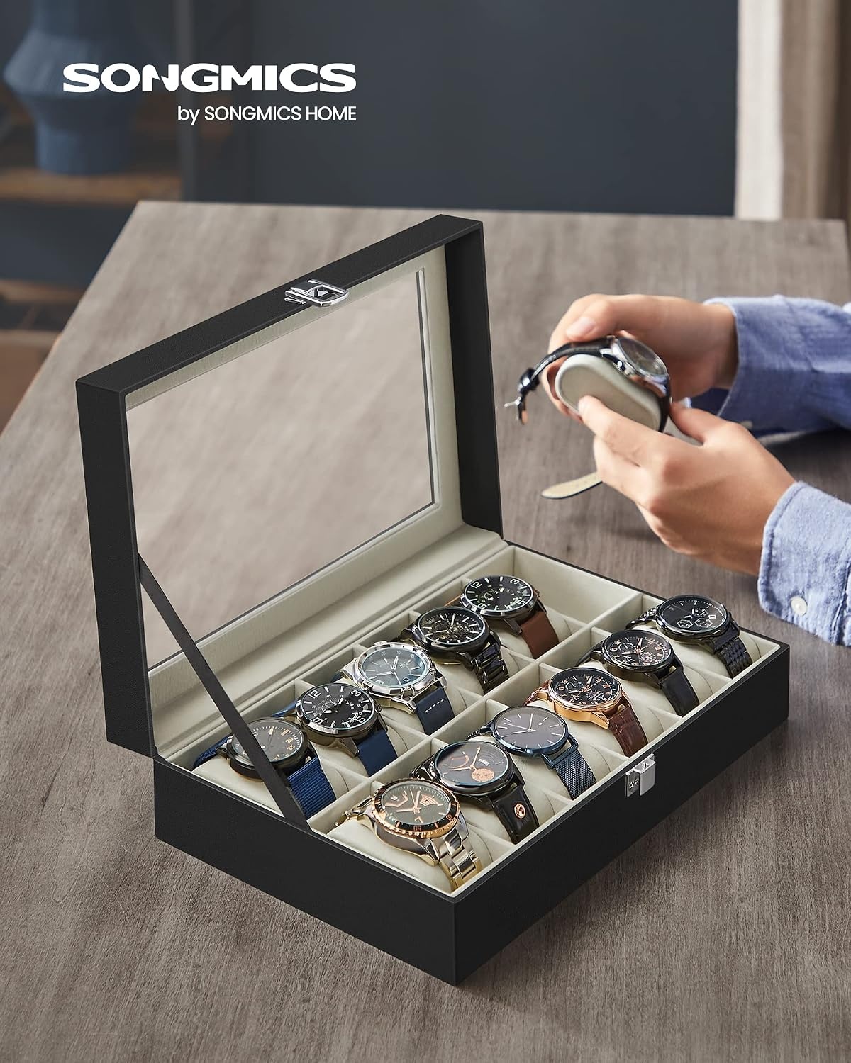 image:imageSONGMICS Watch Box for Men 3Slot Watch Case with Large Glass LidBlack Greenish Beige