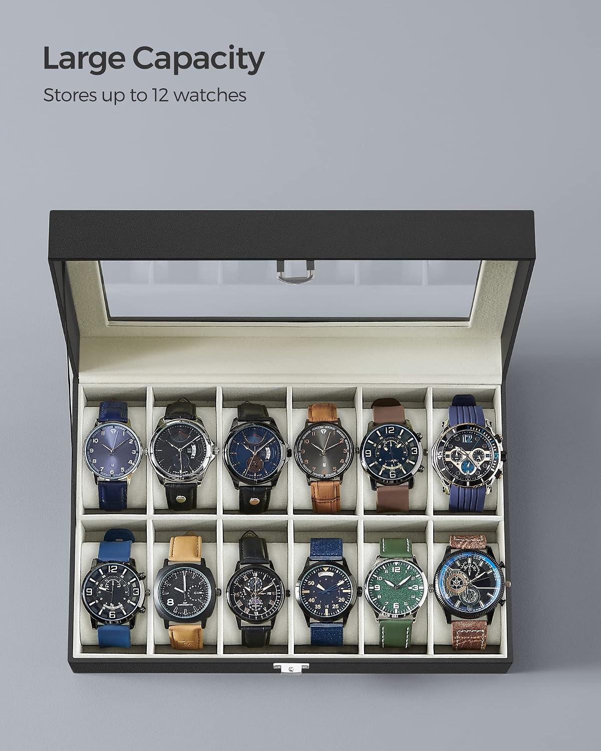 image:imageSONGMICS Watch Box for Men 3Slot Watch Case with Large Glass LidBlack Greenish Beige
