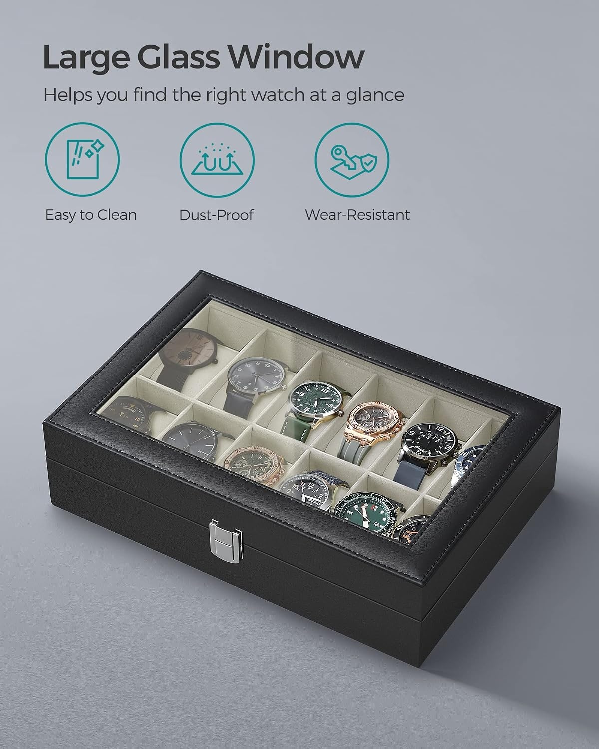 image:imageSONGMICS Watch Box for Men 3Slot Watch Case with Large Glass LidBlack Greenish Beige