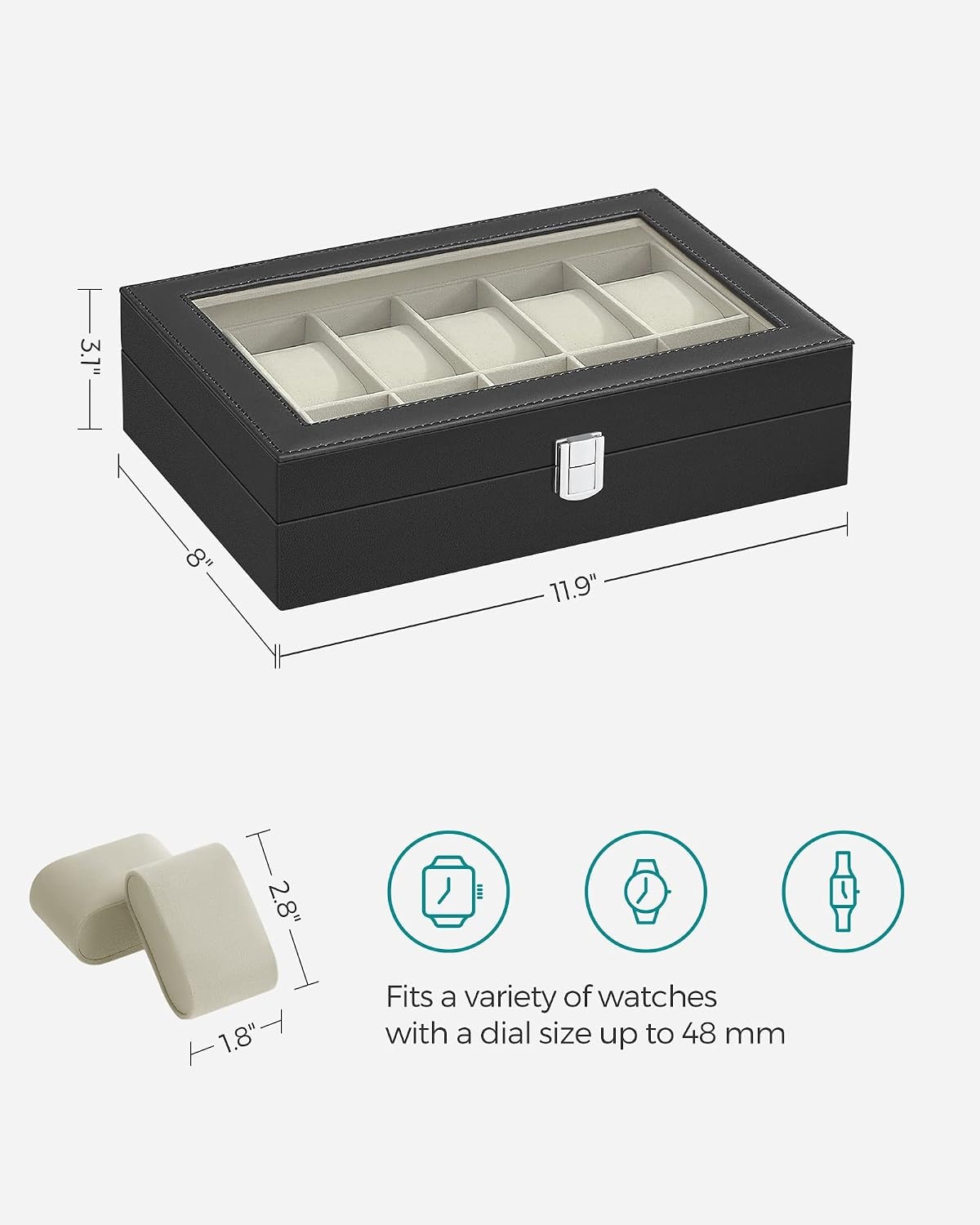 image:imageSONGMICS Watch Box for Men 3Slot Watch Case with Large Glass LidBlack Greenish Beige