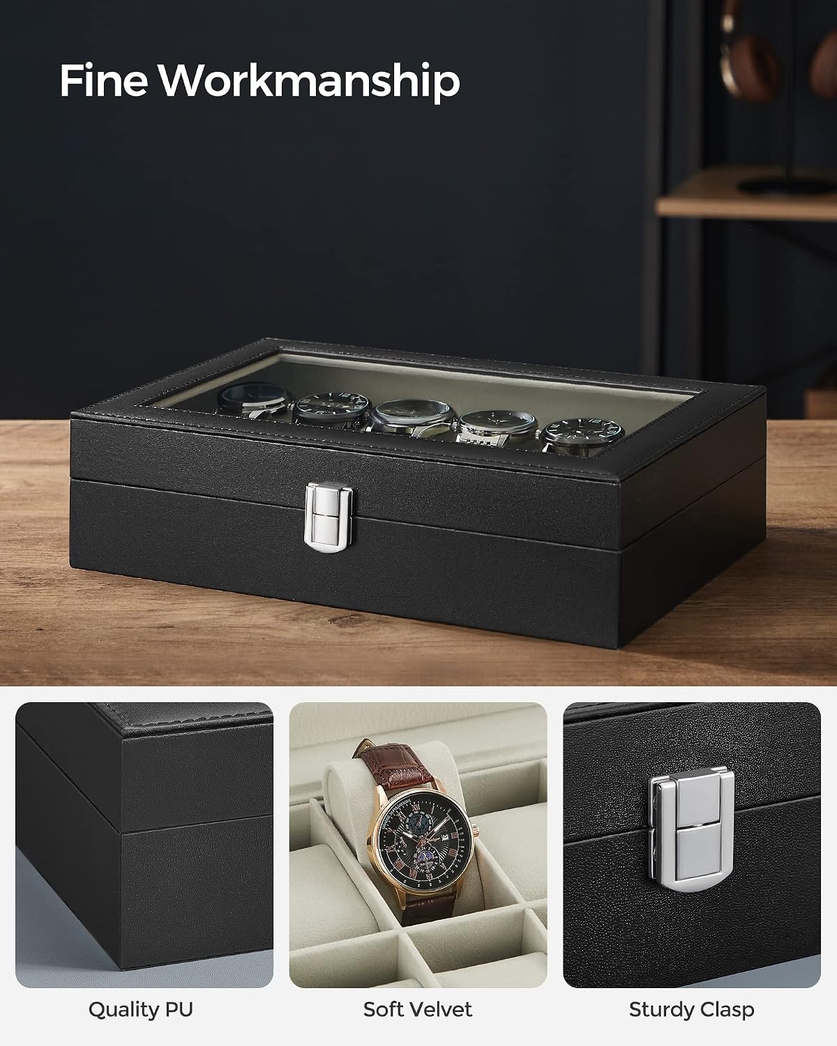 image:imageSONGMICS Watch Box for Men 3Slot Watch Case with Large Glass LidBlack Greenish Beige