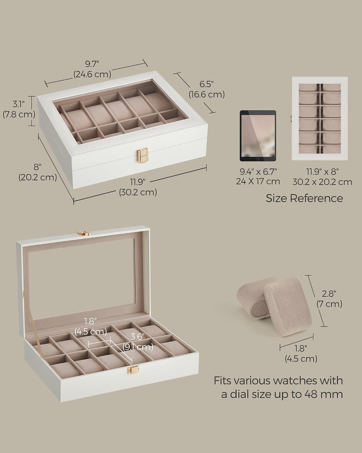 image:imageSONGMICS Watch Box for Men 3Slot Watch Case with Large Glass LidCloud White Cappuccino Beige