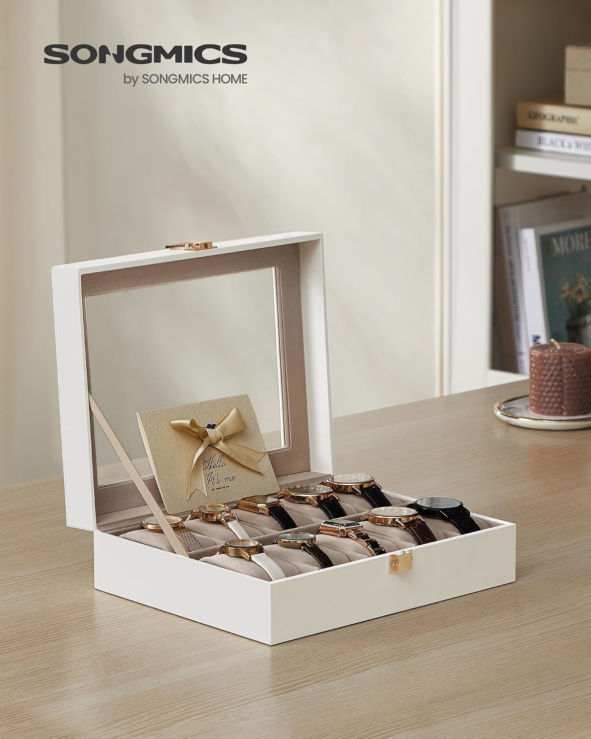 image:imageSONGMICS Watch Box for Men 3Slot Watch Case with Large Glass LidCloud White Cappuccino Beige