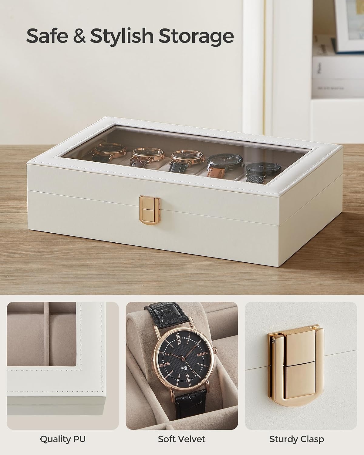 image:imageSONGMICS Watch Box for Men 3Slot Watch Case with Large Glass LidCloud White Cappuccino Beige