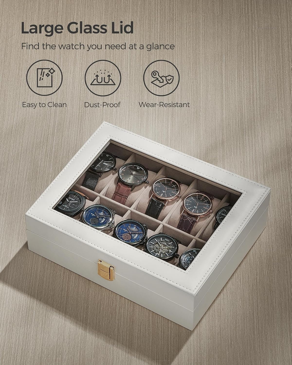 image:imageSONGMICS Watch Box for Men 3Slot Watch Case with Large Glass LidCloud White Cappuccino Beige