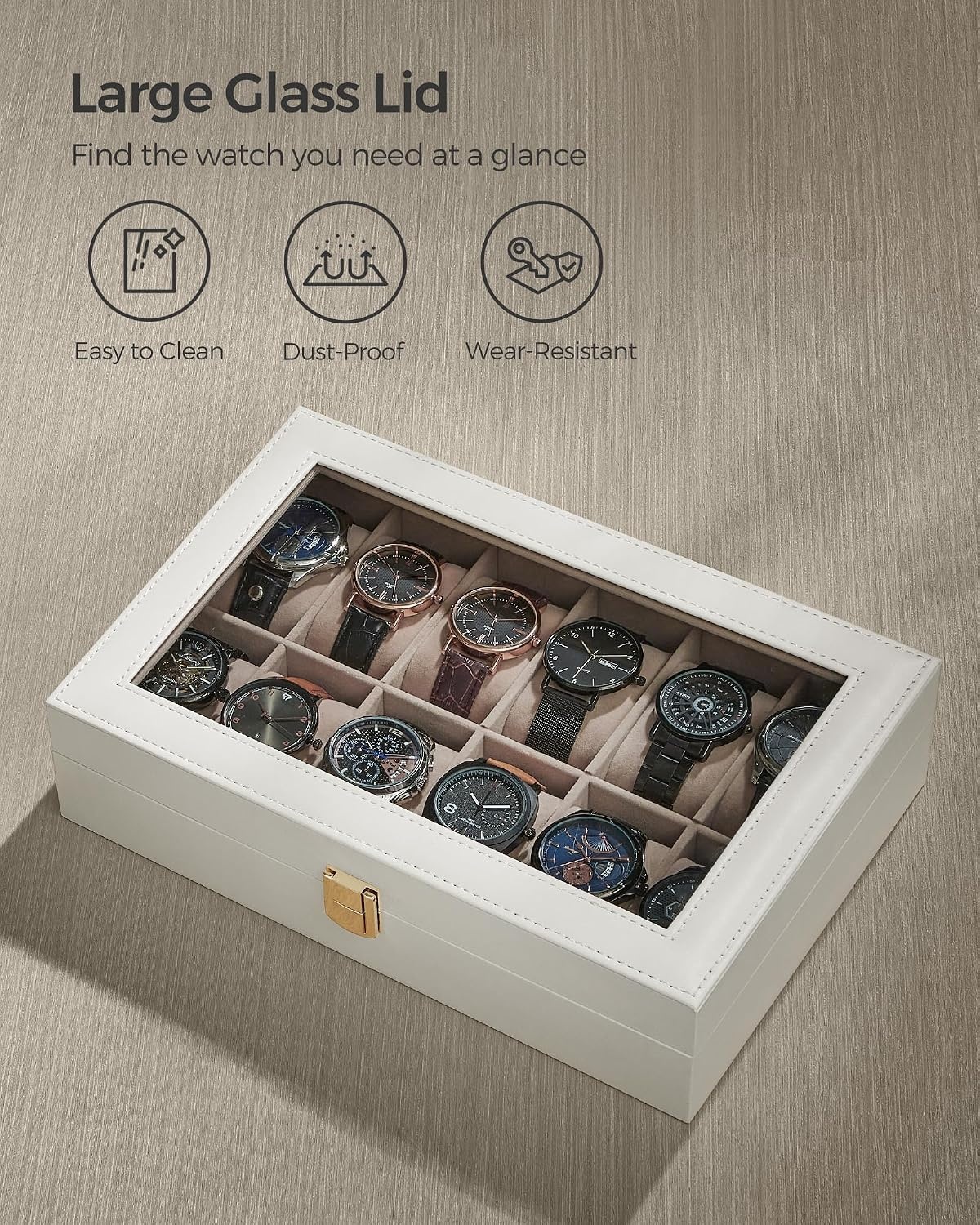 image:imageSONGMICS Watch Box for Men 3Slot Watch Case with Large Glass LidCloud White Cappuccino Beige