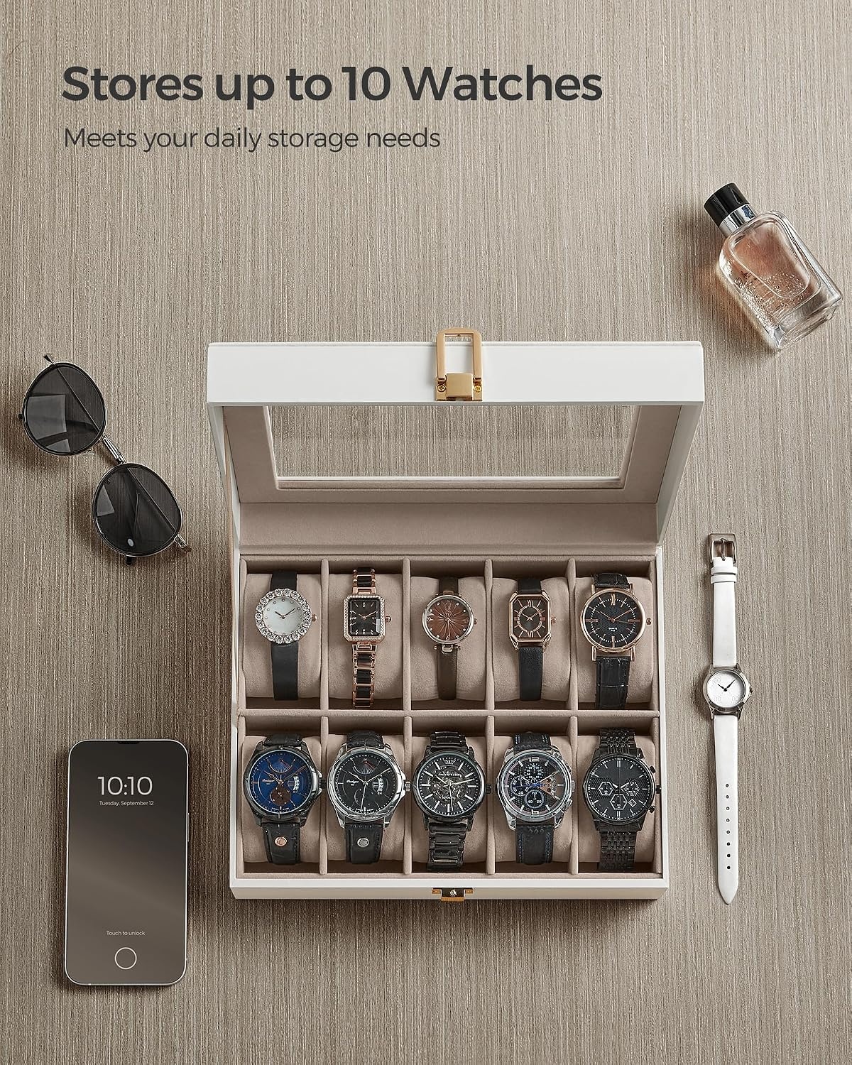 image:imageSONGMICS Watch Box for Men 3Slot Watch Case with Large Glass LidCloud White Cappuccino Beige