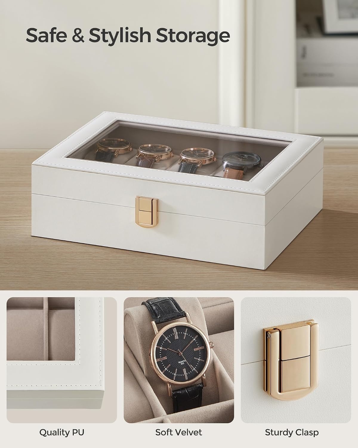 image:imageSONGMICS Watch Box for Men 3Slot Watch Case with Large Glass LidCloud White Cappuccino Beige