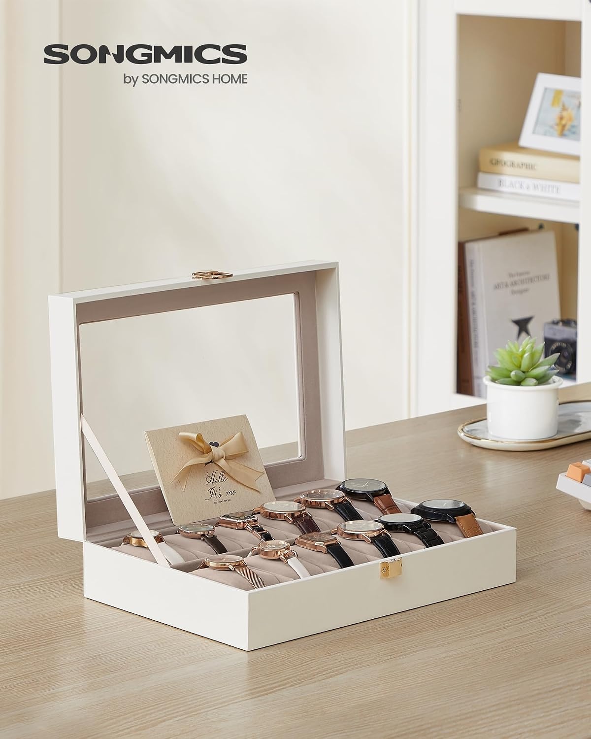 image:imageSONGMICS Watch Box for Men 3Slot Watch Case with Large Glass LidCloud White Cappuccino Beige
