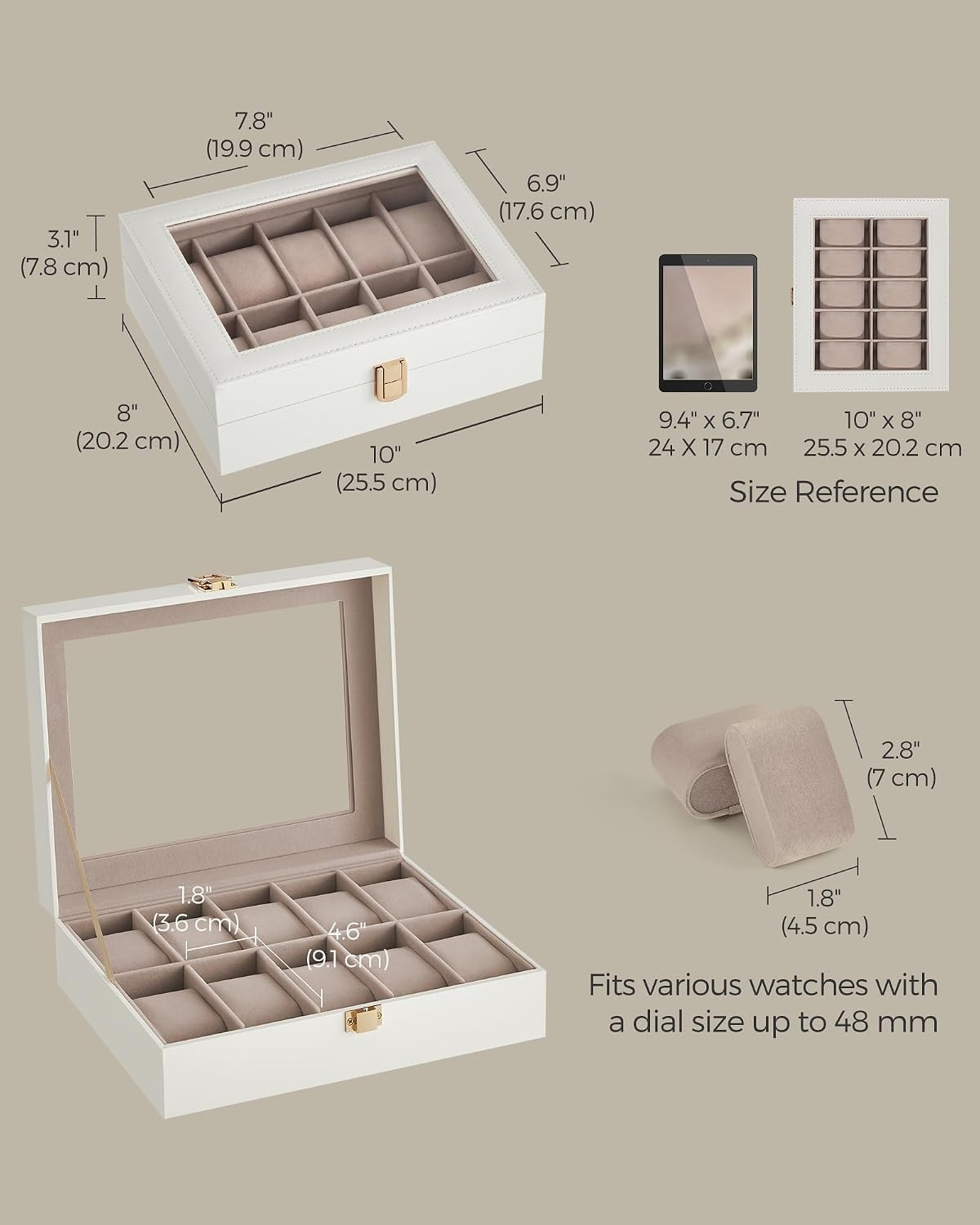 image:imageSONGMICS Watch Box for Men 3Slot Watch Case with Large Glass LidCloud White Cappuccino Beige