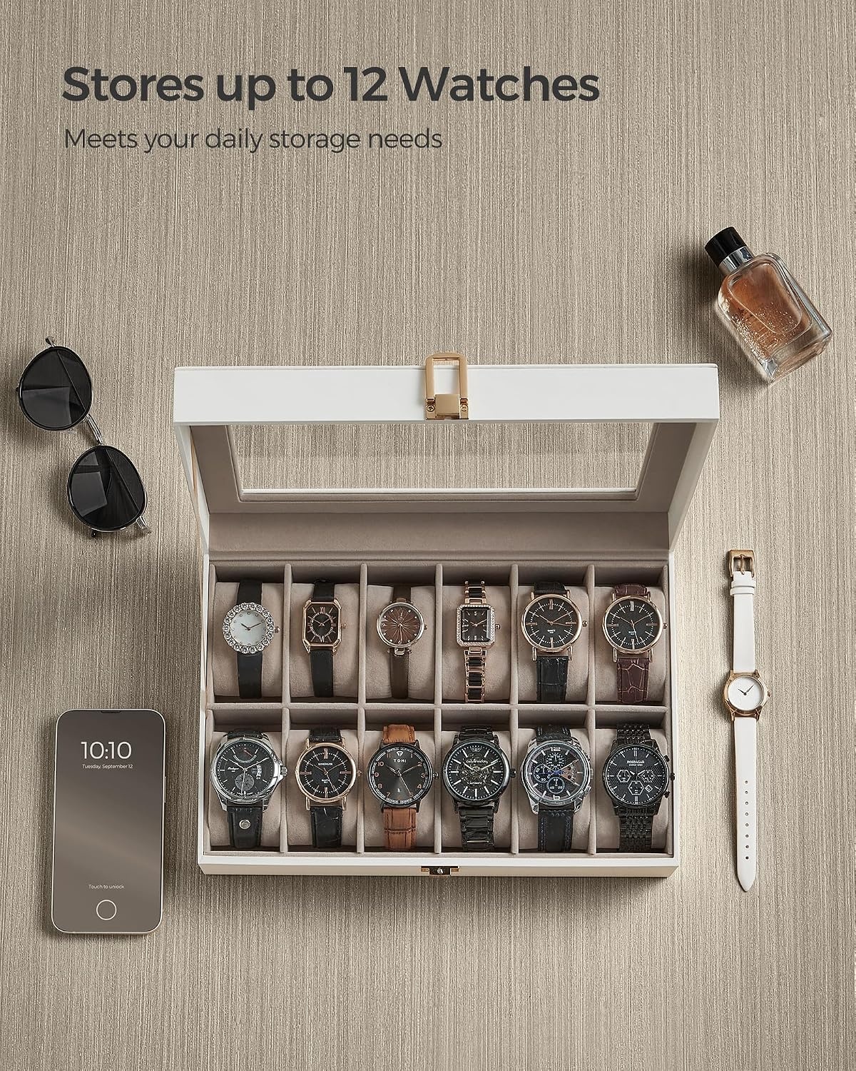 image:imageSONGMICS Watch Box for Men 3Slot Watch Case with Large Glass LidCloud White Cappuccino Beige