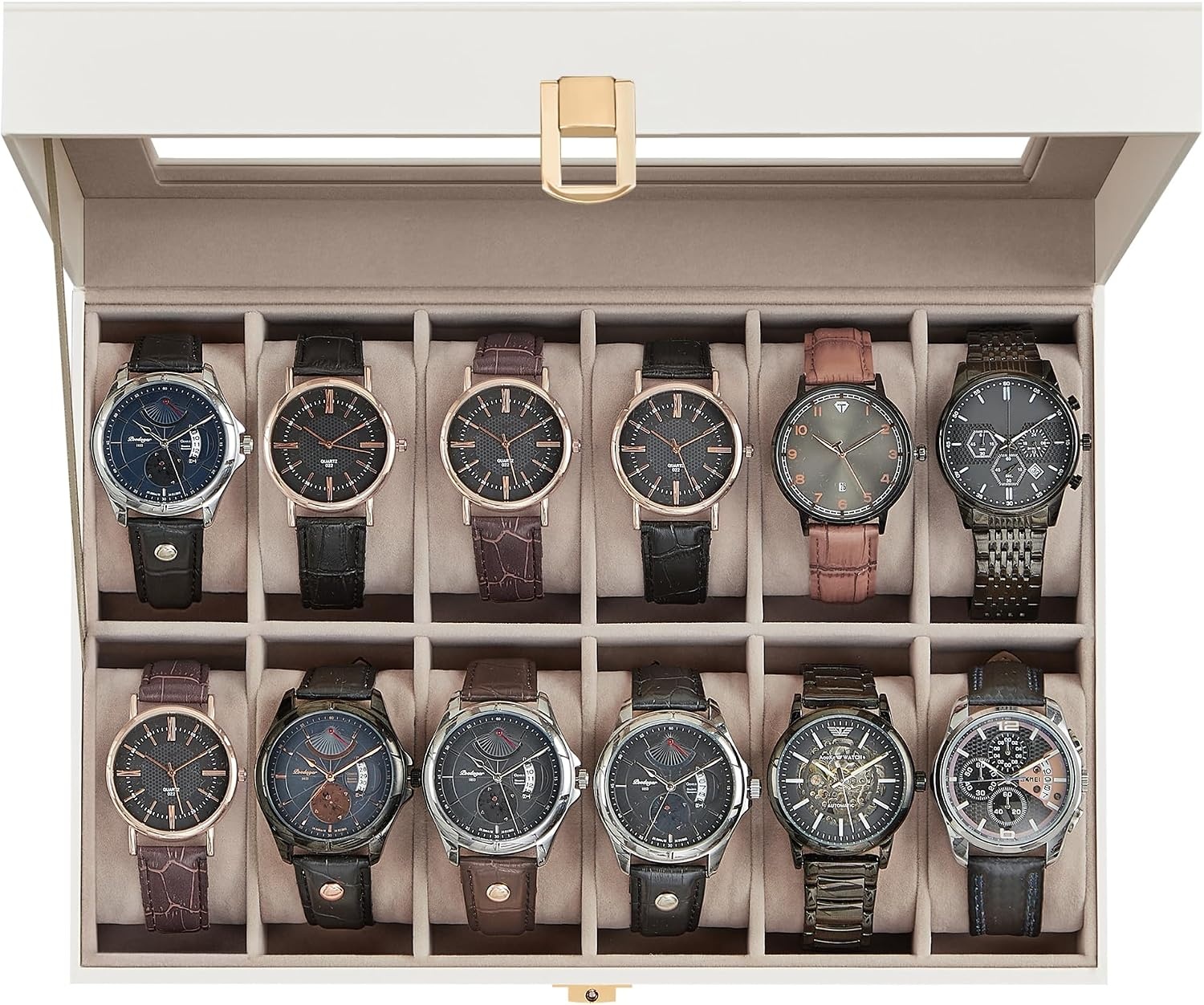 image:imageSONGMICS Watch Box for Men 3Slot Watch Case with Large Glass LidCloud White Cappuccino Beige
