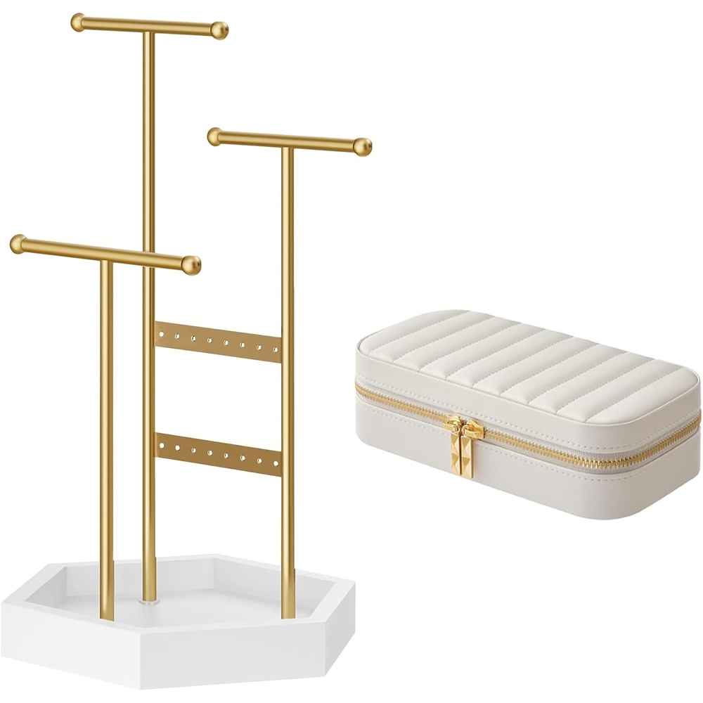 image:imageSONGMICS Jewelry Holder and Travel Jewelry Box Bundle Metal Frame Small Mirror PU Surface with Stitching Gift Idea Gold and White and Cloud White UJJS003A01 and UJBC180W01