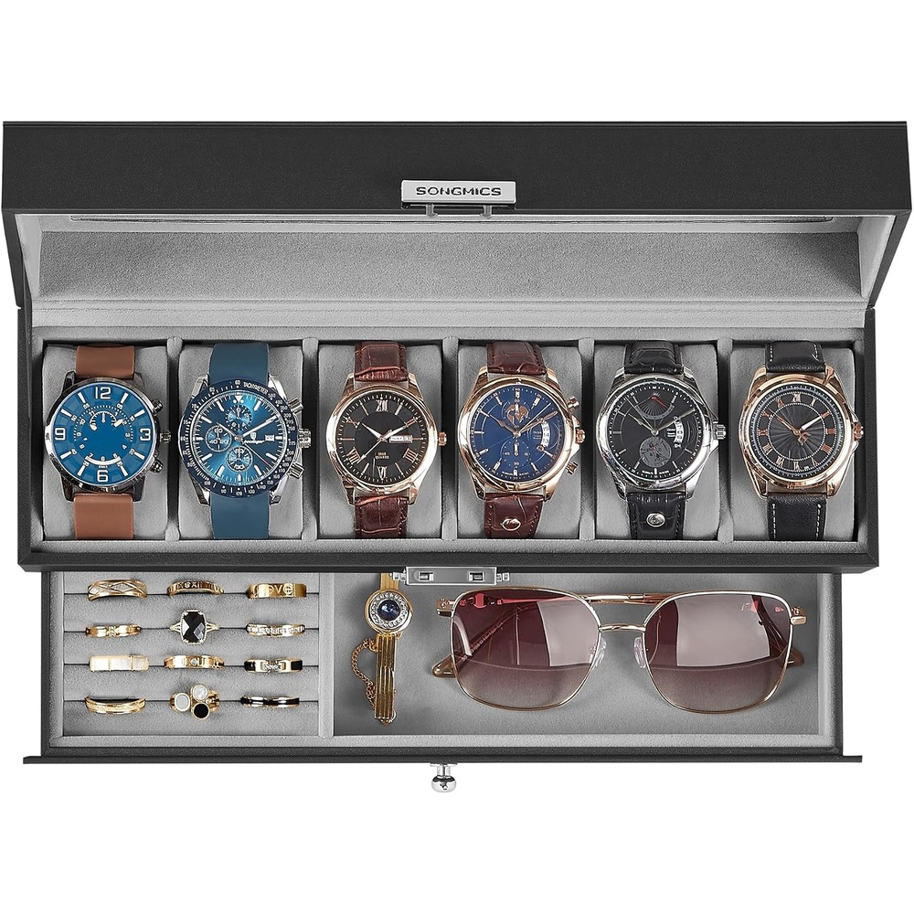 image:imageSONGMICS Watch Box for Men 2Tier Case with 6 Slots and Glass LidBlack Gray