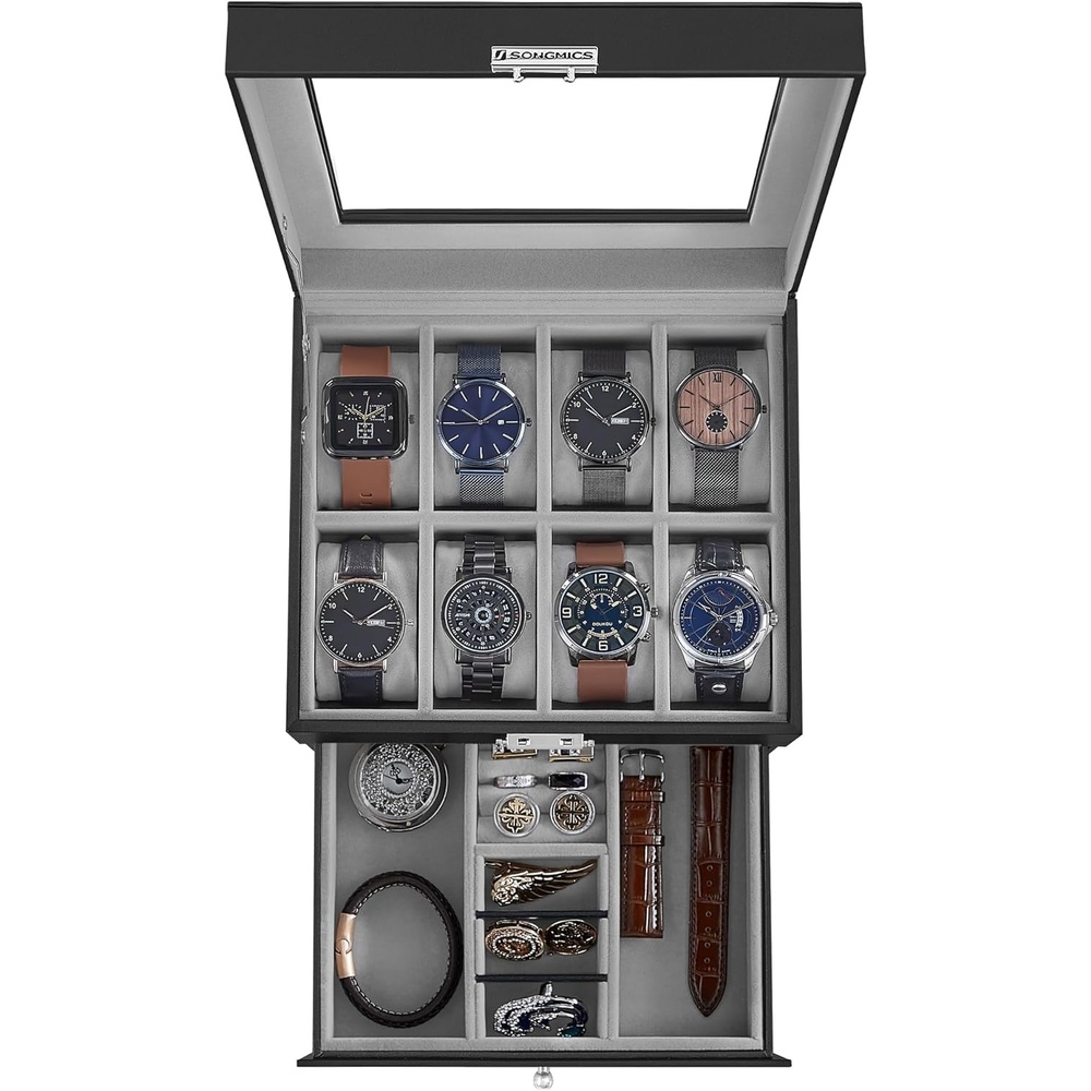 image:imageSONGMICS Watch Box for Men 2Tier Case with 6 Slots and Glass LidBlack Greenish Gray